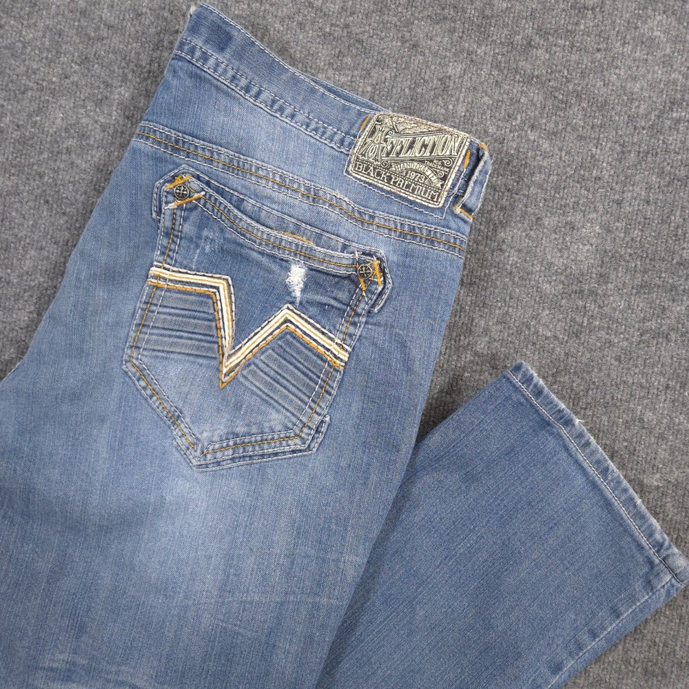 Affliction ACE Jeans Mens 38X33 Blue Bootcut Distressed Whiskered Stretch Denim